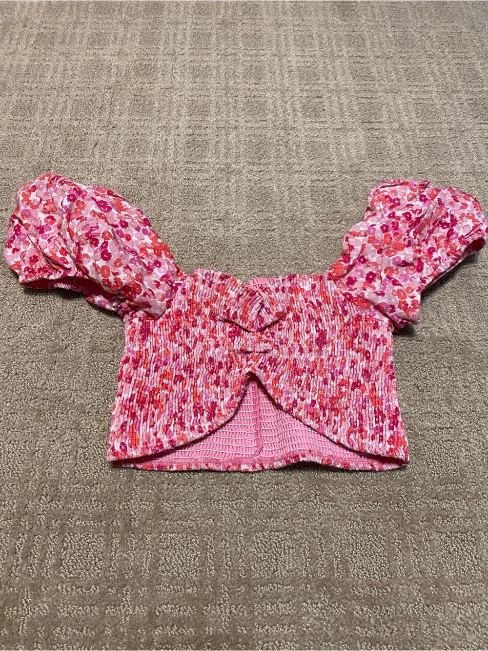 {Peixoto} Louisa Off-Shoulder Gathered Puff-Sleeve Crop Top | Pink Floral ~ S